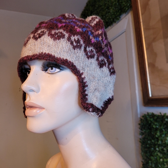 Hand Knit Wool Hippie Beanie Hat with Ear Flaps beige pink blue - Picture 5 of 7
